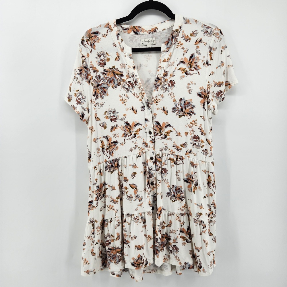 Wonderly Women's Floral Print Short‎ Sleeve Button Down Tunic Blouse Large